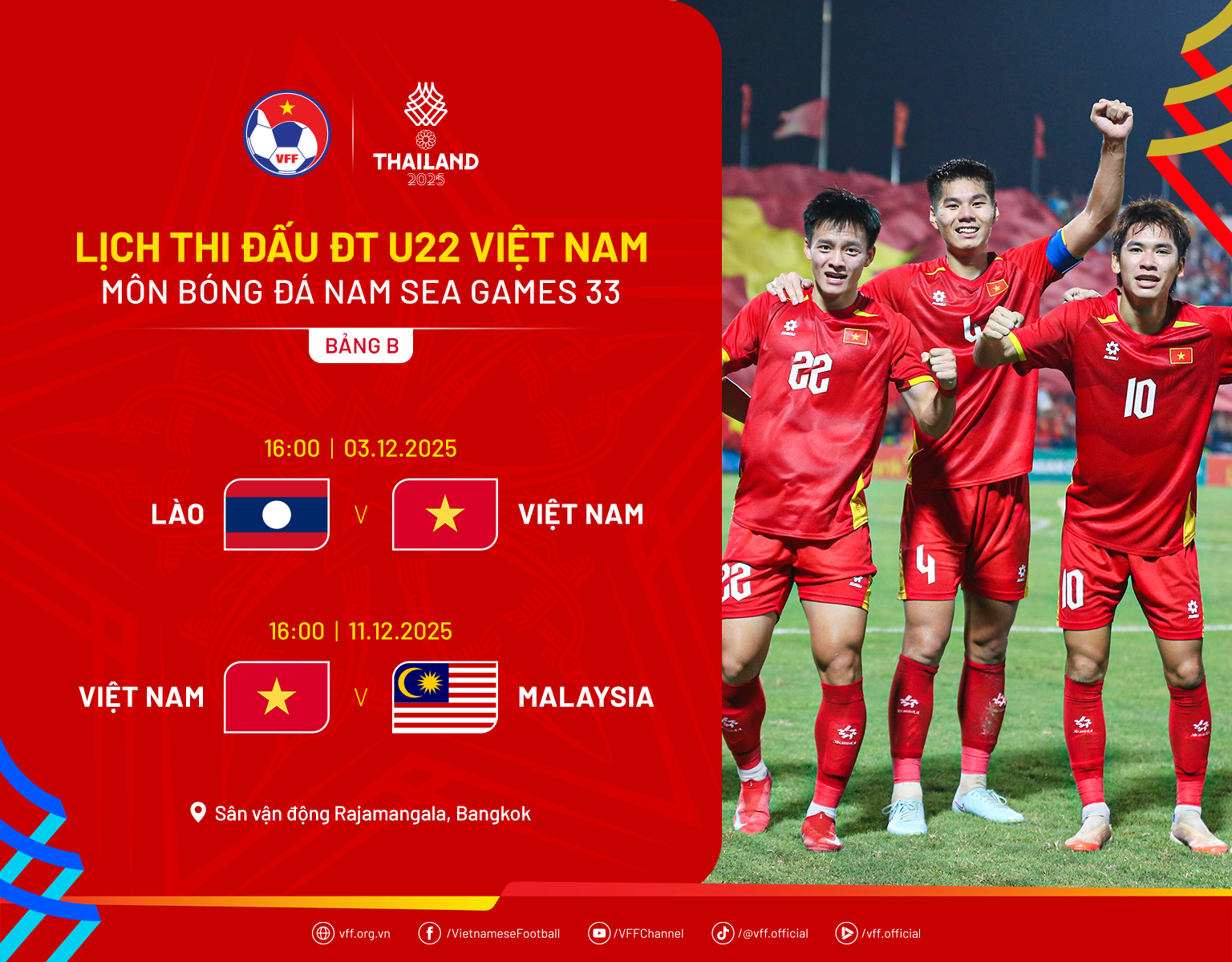Lịch thi đấu chính thức của đội tuyển U22 Việt Nam tại Bảng B, SEA Games 33 Thái Lan 2025